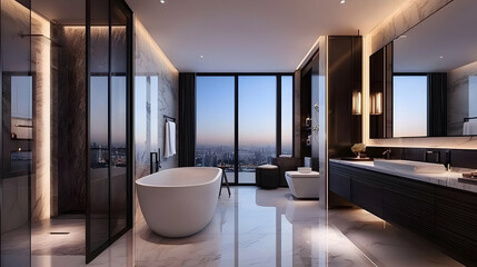 Luxurious Modern Bathroom with Stunning City View at Twilight