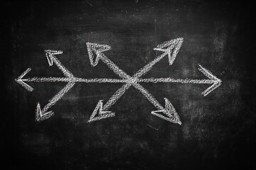 White chalk arrows pointing in multiple directions on black chalkboard symbolizing choices and confusion