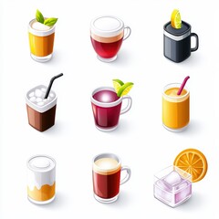 A delightful isometric set of 9 international drink icons on a white space. Including bubble tea, chai latte, espresso, sangria, margarita. Styled in a cute, simple cartoon aesthetic with smooth