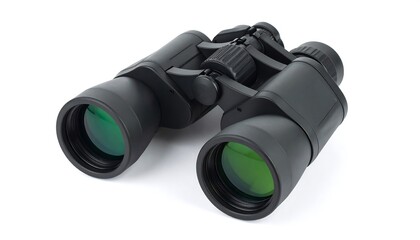 Close up view of black binoculars with green tinted lenses on a white background for observation