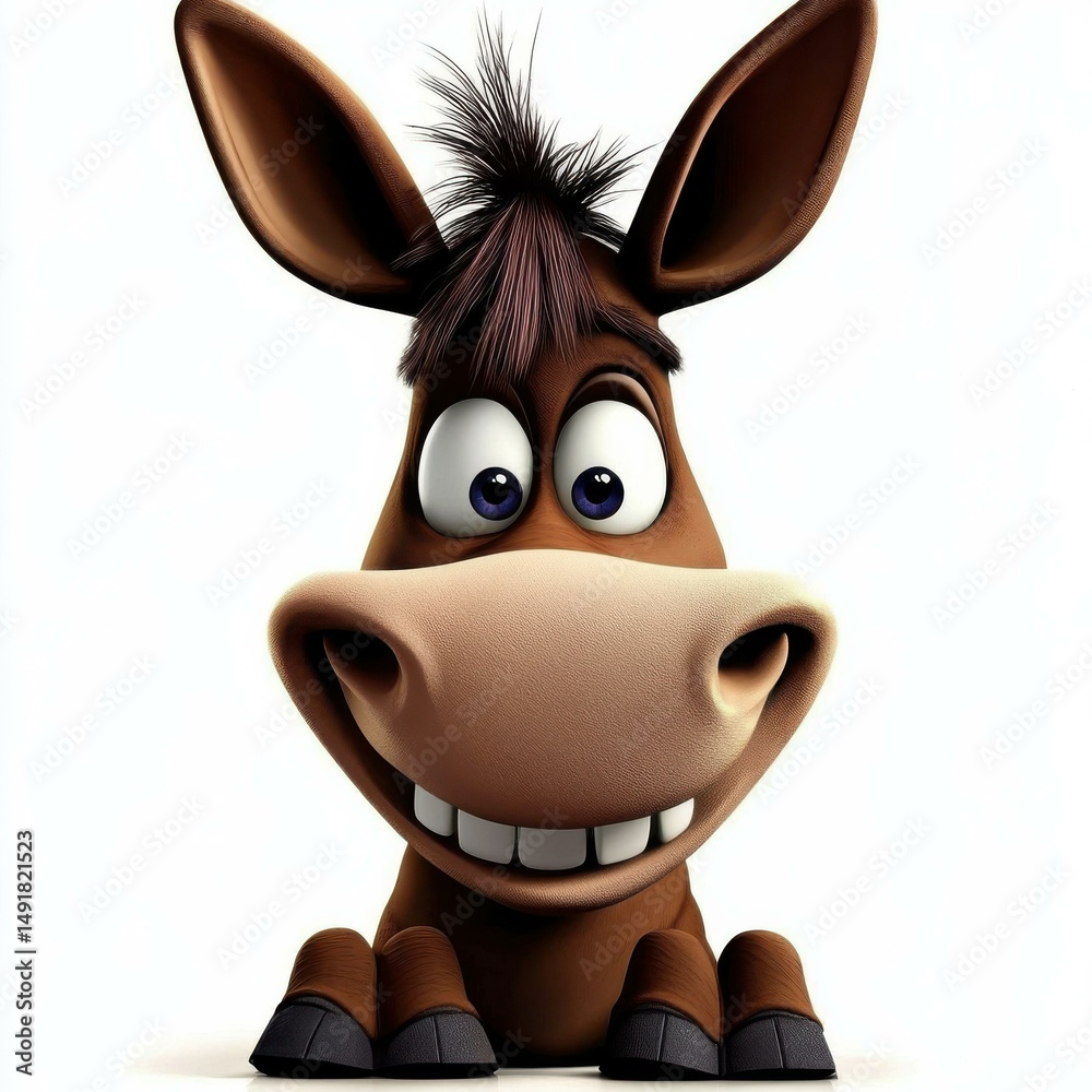 Poster animated brown donkey with big smile and large teeth: a whimsical 3d character portrait