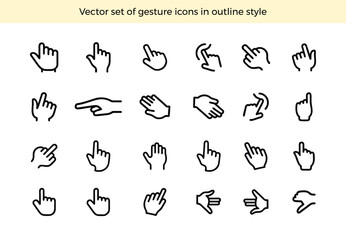 Vector set of hands gesture icons in outline style on white background, illustration, black & white