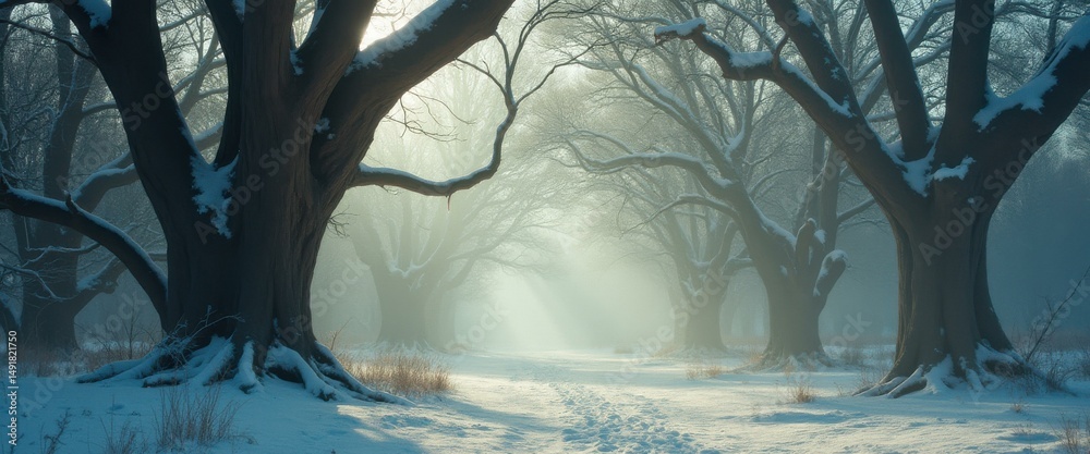 Poster ethereal winter wonderland: sunlight pierces through mist in a forest of snow-covered trees with foo