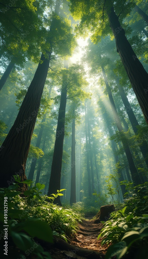 Aufkleber Forest path under tall trees with sunlight filtering through the canopy creating a magical atmosphere for travel and serenity