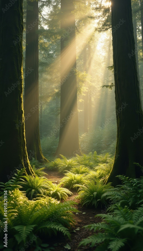 Aufkleber sun rays illuminating a fern-covered forest floor with towering trees in a misty, dreamlike atmosphe