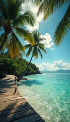 Tropical Beach Paradise: Wooden Pier, Palm Trees, and Sparkling Turquoise Water