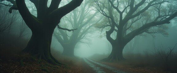 Naklejka premium Misty road through the haunted woods with old gnarled trees