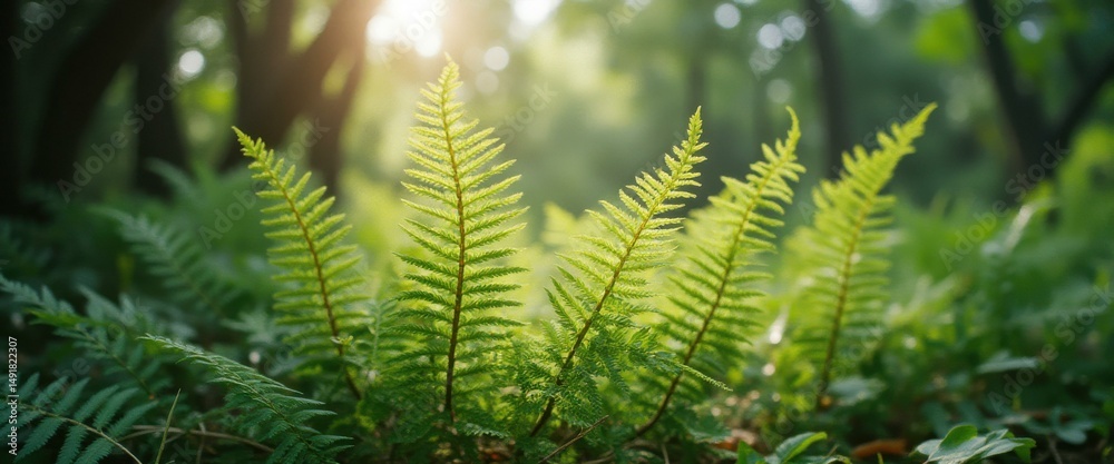 Poster sunlit ferns in a lush green forest, creating a serene natural scene with vibrant colors and intrica
