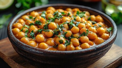 Close-up of a rustic bowl filled with warm cooked chickpeas garnished with fresh chopped green herbs on a wooden surface