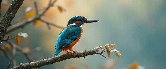 Fototapeta premium Common Kingfisher Perched on a Branch with Autumnal Foliage and a Soft, Dreamy Background
