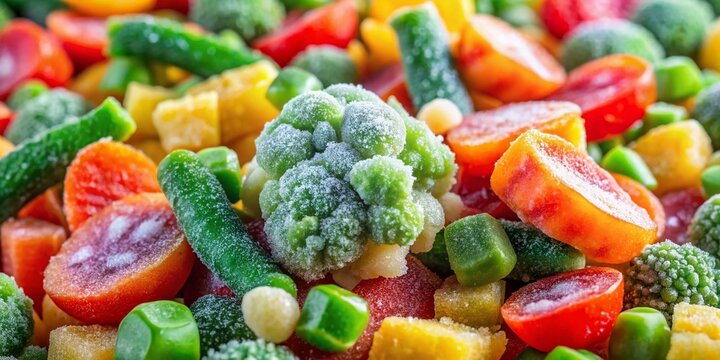 Macro Close-up of Frozen Mixed Vegetables, Abundant Colorful Detail, Right-Side Composition, Copy Space