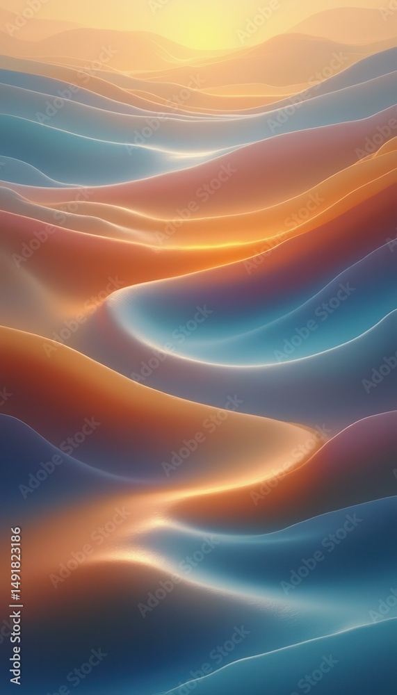 Poster Abstract Desert Landscape with Rolling Dunes and a Soft, Warm Sunset Glow, Creating a Dreamy and Ethereal Atmosphere
