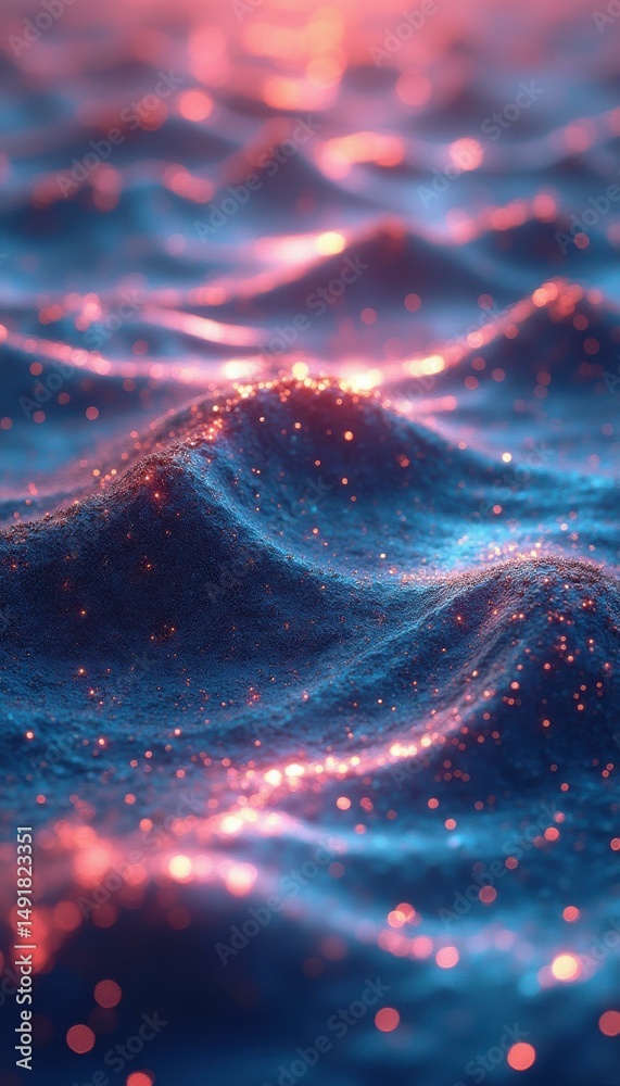 Poster dreamy blue surface with glowing red orbs creating a surreal landscape effect