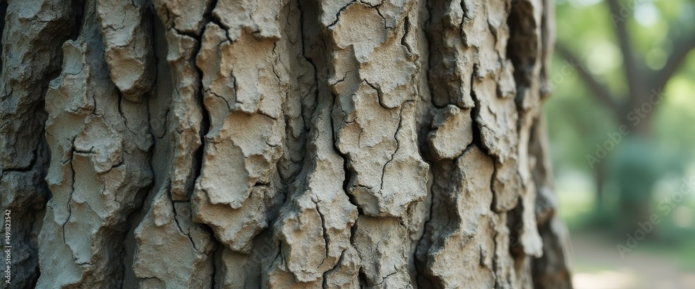 Poster close-up of textured tree bark in a lush green forest environment