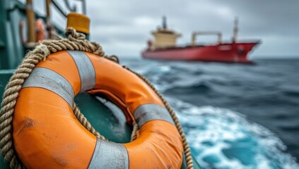 Orange life preserver on a boat, ships in the background