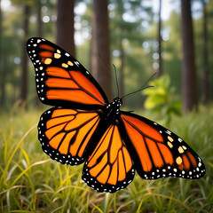Fototapeta premium Majestic Monarch in Mid-Flight: A Vibrant Orange and Black Butterfly Gracefully Soaring Through a Softly Focused Forest Landscape, Symbolizing Nature, Transformation, and Delicate Beauty
