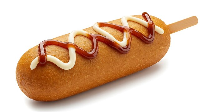 original corndog with sauce and mayonnaise detailed golden brown, arranged in the center on a clean white background, fresh and detailed,
