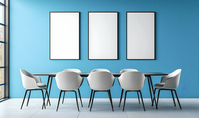Modern Conference Room with Blue Wall and Empty Picture Frames