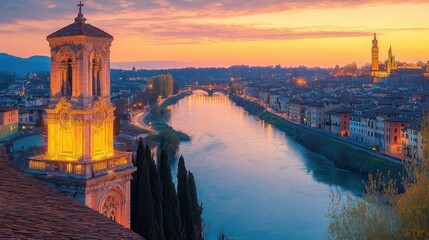 Sunset over a historic riverside city with illuminated cathedral tower, calm river flowing through, old buildings, and distant hills under colorful evening sky