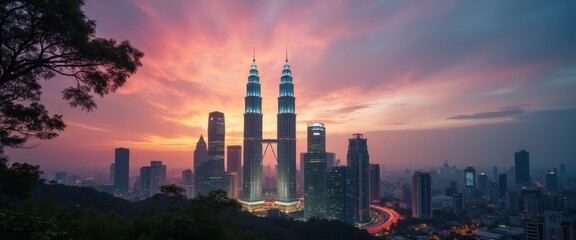 Fototapeta premium Majestic Twin Towers at Dusk: A Dramatic Skyline View with Glowing Lights and Vibrant Skies