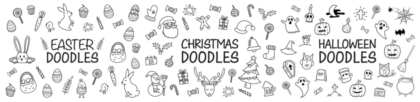 Christmas Easter and Halloween doodles hand drawn icons