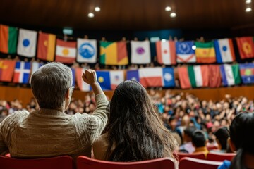 A school auditorium decorated with international flags A couple is watching their child perform in a cultural event and cheering together The mood is proud and united
