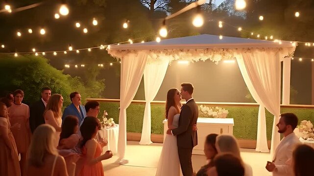Outdoor wedding reception with fairy lights, people dancing, and warm ambient lighting, blurred focus.

