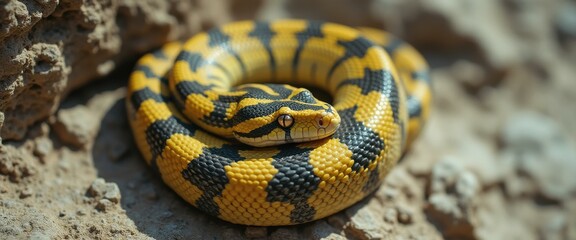 Obraz premium Captivating yellow snake coiled on rocky terrain, showcasing nature's intricate patterns and textures.