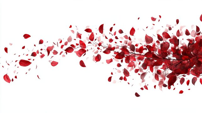 Autumnal leaves on a branch. Dynamic arrangement of red foliage blowing gracefully against a stark white background