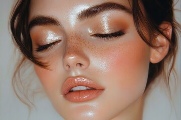 close-up of a young woman with glowing dewy skin, natural freckles, glossy lips, and soft eyeshadow with her eyes closed conveying calm and serenity