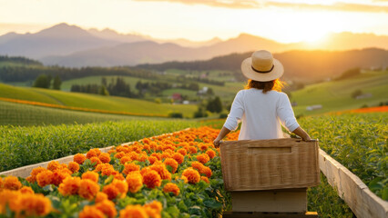 Fototapeta premium Person in hat enjoys vibrant flower farm at sunrise, surrounded by nature beauty