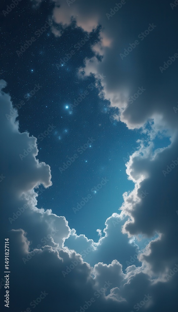 Aufkleber night sky with stars peeking through the gaps in a layer of fluffy white clouds at dusk