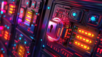 Obraz premium Futuristic secure data center with glowing digital locks