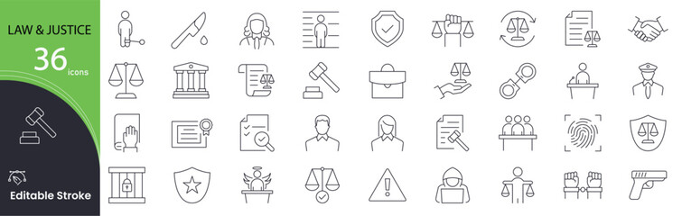 Law and Justice icon set. Legal and judicial related line icons: scales of justice, gavel, courthouse, lawyer, judge, legal documents, court, rights and more. Editable stroke. Vector illustration