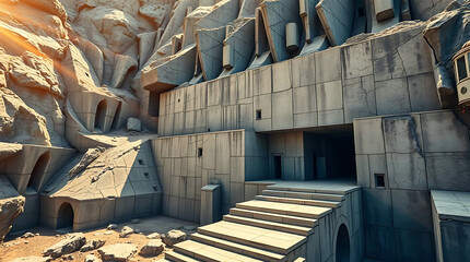  A brutalist megastructure used as a blacksite research facility, buried into the side of a mountain, created by generative ai