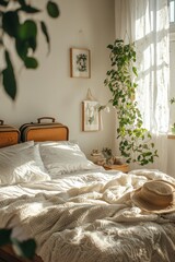 Fototapeta premium A bright bedroom with a suitcase open on the bed A couple is packing for a trip to visit one of their families and talking about what gifts to bring The atmosphere is excited and thoughtful