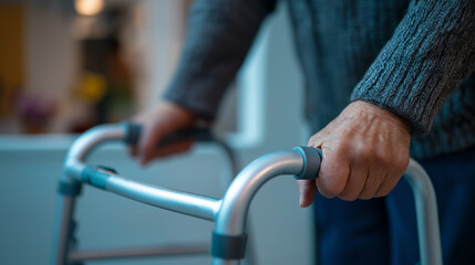 Close-up of a person’s hands gripping a metal walker for support indoors.
