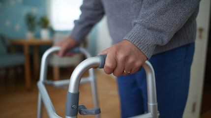 Close-up of a person’s hands gripping a metal walker for support indoors.
