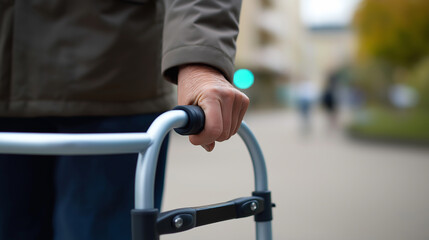 Close-up of a person&rsquo;s hands gripping a metal walker for support indoors.
