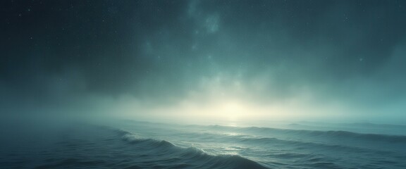 Fototapeta premium Ethereal seascape under a starlit sky with gentle waves and a soft, luminous glow on the horizon