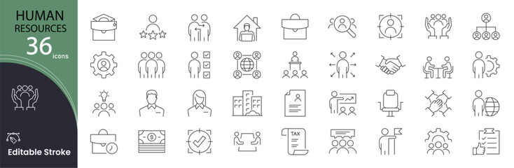 Human Resources icon set. HR and management related line icons: employee, recruitment, teamwork, interview, training, payroll, organization, leadership, and career Editable stroke. Vector illustration