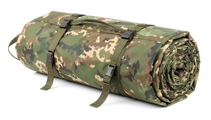 Rolled camouflage sleeping mat with buckles and straps on white. Green and brown patterns create a military aesthetic. Ideal for outdoor activities or camping