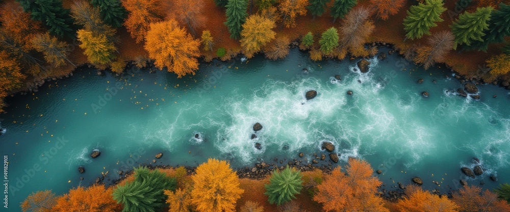 Aufkleber top-down aerial view of a clear river with rapids flowing through a vibrant autumn forest.