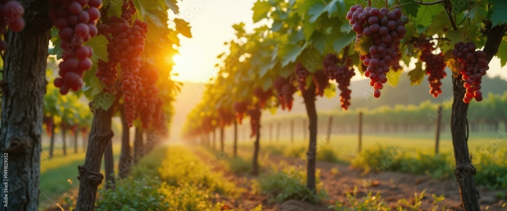 Poster vineyard landscape with rows of grapevines and ripe bunches in warm sunset light