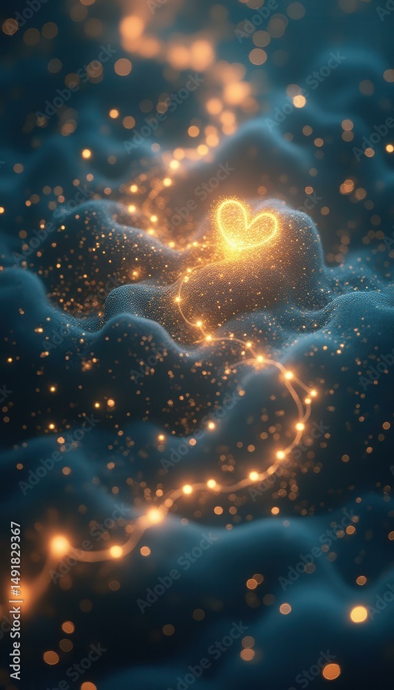 Poster Abstract Heart Shape with Sparkling Golden Lights on a Soft Blue Textured Background for Romantic Concepts