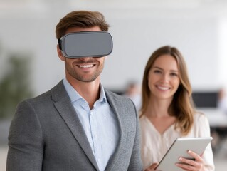 Fototapeta premium Smiling Man Using Vr Headset with Colleague Holding Tablet