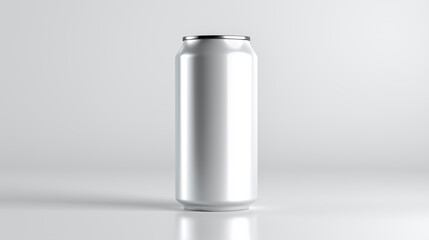 Tall blank white aluminum can standing upright against a plain white background.
