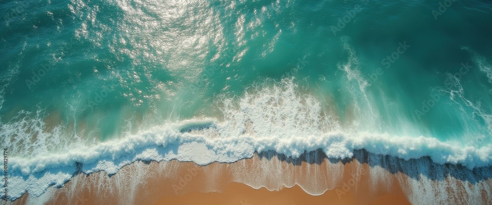 Poster azure waters meet golden sands: a captivating aerial view of coastline with crashing waves and spark