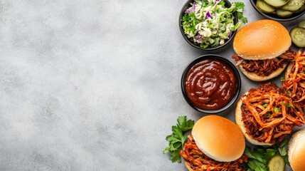 Barbecued pulled pork sandwiches served with fresh coleslaw, pickles, and tangy BBQ sauce create an inviting spread perfect for outdoor gatherings
