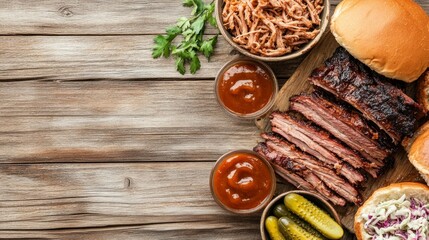 Fototapeta premium Succulent barbecue ribs, flavorful pulled pork, and fresh pickles served alongside rich sauces and soft buns create an inviting dining experience